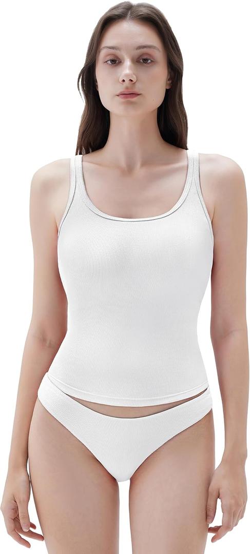 SUUKSESS Women Padded Cotton Ribbed Long Tank Tops 2025 Summer Going Out Basic Scoop Neck Cami Tops (Medium, Snow White)