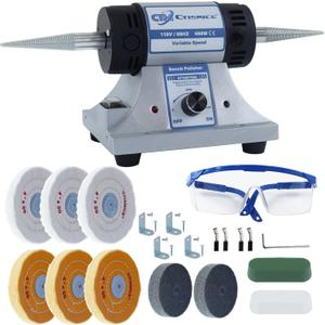 Jewelry Bench Polisher, Adjustable Variable Speed Benchtop Polishing Machine, 450W Buffer Grinder with 8pcs Buffing Wheels, 2pcs Polish Compound, Safety Glasses for Jewelry, Metal, Wood