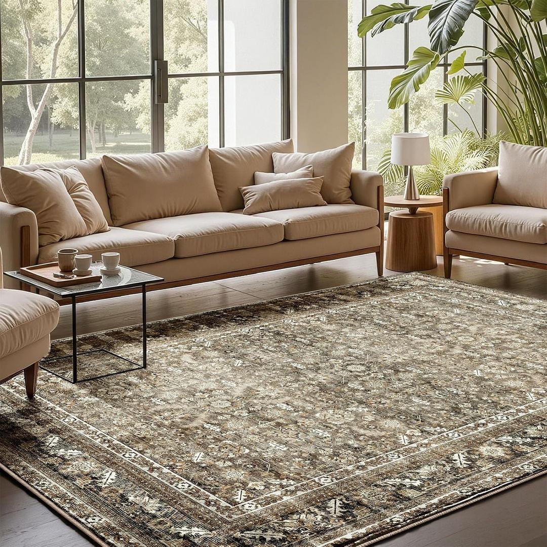 OPPODREAM Vintage Brown Area Rugs 5x7, 5 x 7 Retro Washable Rug Non Slip, Low-Pile Faux Wool Carpet, Distressed Floor Mat for Living Room, Bedroom, Kitchen, Office, Dorm, Dinning Room