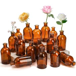 YOUEON 16 Pack Amber Glass Bud Vases, Small Bud Vases in Bulk, Glass Flower Vases for Centerpieces, Vintage Decorative Bottle Vases for Flowers, Home Decor, Wedding Reception, Office