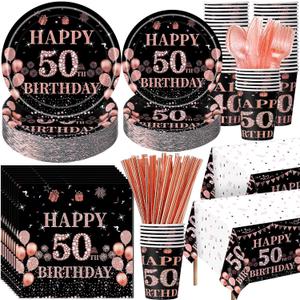 452 Pcs 50th Birthday Decorations for Women Black and Rose Gold 50th Birthday Paper Plates Cups Napkins Tablecloth Cutlery Straws for Girls Women 50 Year Old Party Supplies for 50 Guests
