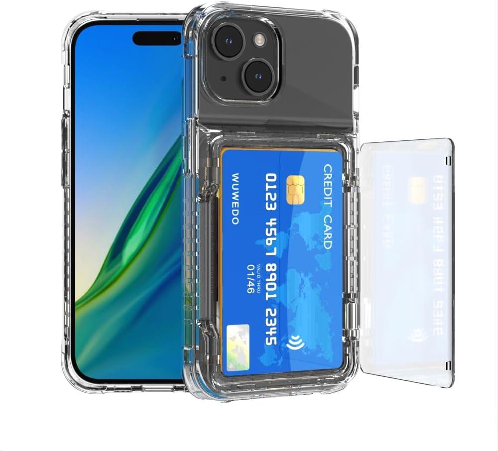 for iPhone 15 Clear Wallet Case, Up to 4 Cards, Hybrid Protective Anti-Slip Case with Card Holder, TPU + PC, Anti-Yellowing, 6.1" 2023