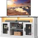 WLIVE Farmhouse TV Stand for 65 Inch TV, Tall Entertainment Center with LED Lights, Mid Century Modern TV Console wirh Open Shelves and Glass Cabinet Doors for Living Room and Bedroom, White