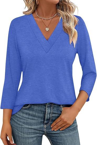 Women's 3/4 Sleeve Shirts V Neck Summer Tops Casual Tunics Tops Basic Tees Blouse Loose Fit (Blue)