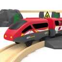 Remote Control Train for Wooden Track Battery Operated Locomotive with Opening Door, Action Figure, Lights & Sounds, Powerful Engine Compatible with Thomas & Brio, Gift for Toddlers 3+