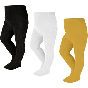 EPEIUS Baby Girl Tights Thick Cable Knit Leggings Stockings Cotton Pantyhose for Newborn Infant Toddler 3/4/5/6 Pack (Black/Gold/Ivory,3 Pack)