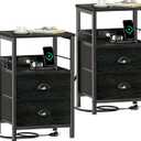 Furologee Nightstand Set of 2, Black Oak, with Charging Station and USB Ports, Side Tables with 2 Fabric Drawers, Bedside Tables with Storage Shelf & Hooks, for Living Room/Bedroom (2 pc(11"D x 14.96"W x 23.6"H))