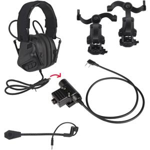 Tactical Shooting Headset + with U94 PTT 2pin with ARC Rail Adapter Noise Reduction & Sound Pickup Ear Protection (Black)