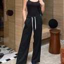 PINSPARK Wide Leg Sweat Pants for Womens High Waisted Baggy Sweatpants Casual Drawstring Workout Pants with Pockets (Black, XL)