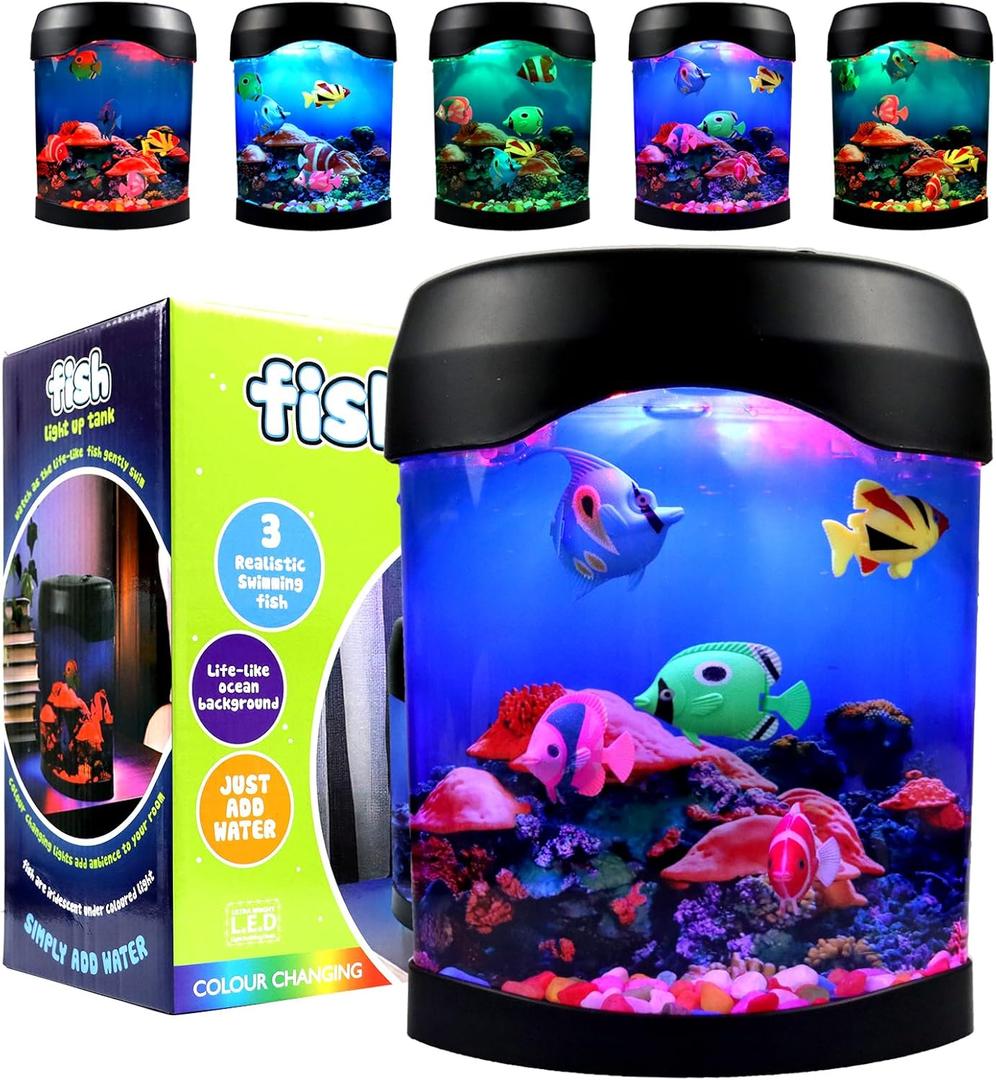 Toycol Fake Fish Lamp, Nightly Lifelike Desk Electric Mood Light, LED Light Tank with 6 Color Changing and (5 Fake Fish) Mini Aquarium for Home Office Deco Adults, Gifts for Kids and Adults
