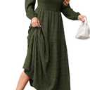 dowerme Women's Dresses 2026 Spring Puff Long Sleeve Crewneck Smocked Tiered Flowy A-Line Boho Wedding Party Maxi Dress (Medium)