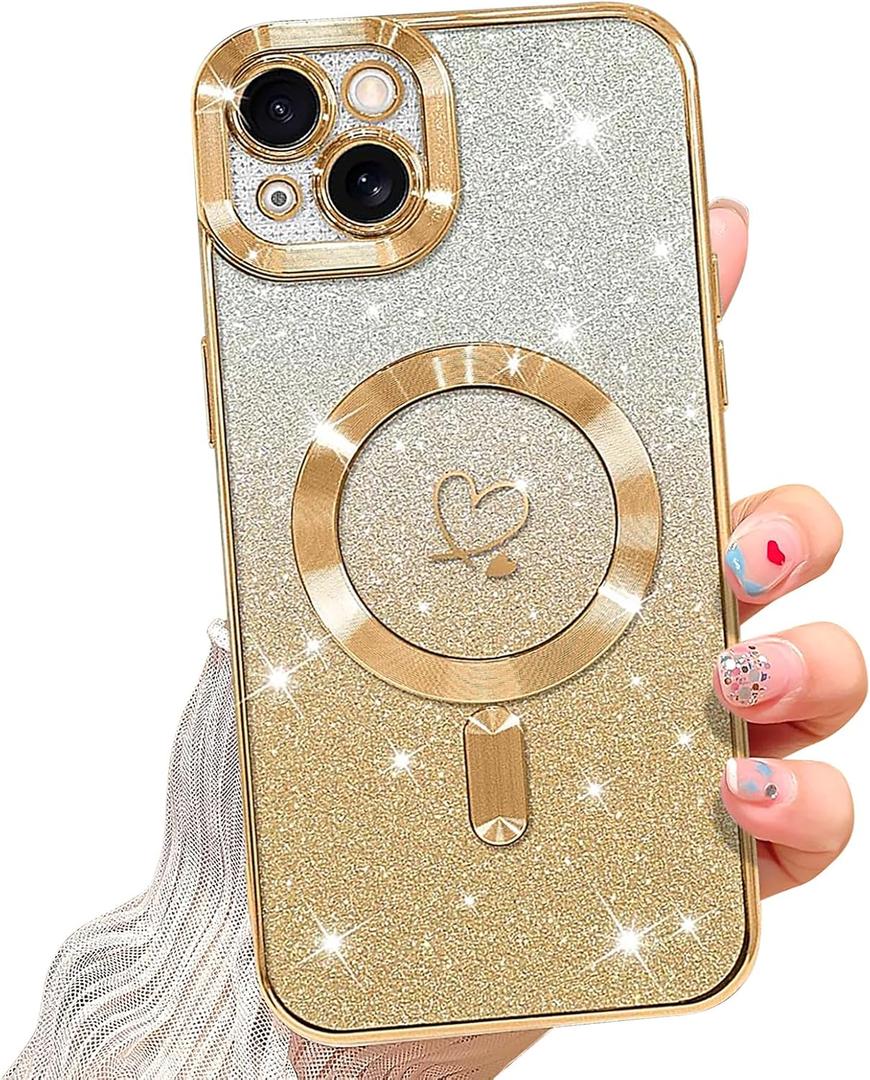 NITITOP Compatible with iPhone 14 Case Cute Clear Glitter [Compatible for MagSafe] Plating Heart Sparkle Bling Magnetic Girl Women Electroplated Frame Camera Protection Back Cover - Gold