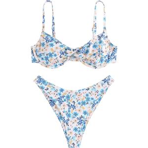 ZAFUL Women's Twist Front Bikini Sets Underwire Tie Back Bikini High Waisted Two Piece Swimsuit (1-floral Blue), S