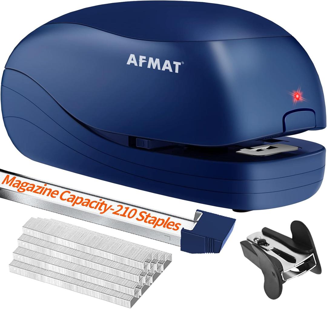 AFMAT Electric Stapler for Desk, Automatic Stapler Desktop, 25 Sheet Office Staplers Electric, AC or Battery Powered Staplers Heavy Duty Office Use, with Reload Reminder & Release Button, Blue