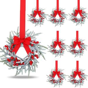 Giegxin 8 Pcs Vintage Small Christmas Wreath for Cabinet Mini Kitchen Wreath with Red Berry Realistic Norfolk Farmhouse Decoration for Xmas Window Indoor Chair Fireplace Porch Candle Decor (No Bows)