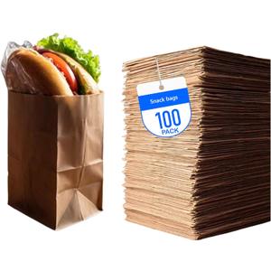 4LB Brown Kraft Paper Lunch Bags - Pack of 100 Durable, Recyclable, and Biodegradable Snack Bags for Food Storage (5" X 3.1" X 9.7")- Great for Lunch, Crafts, Concessions, Cafes, and Delis