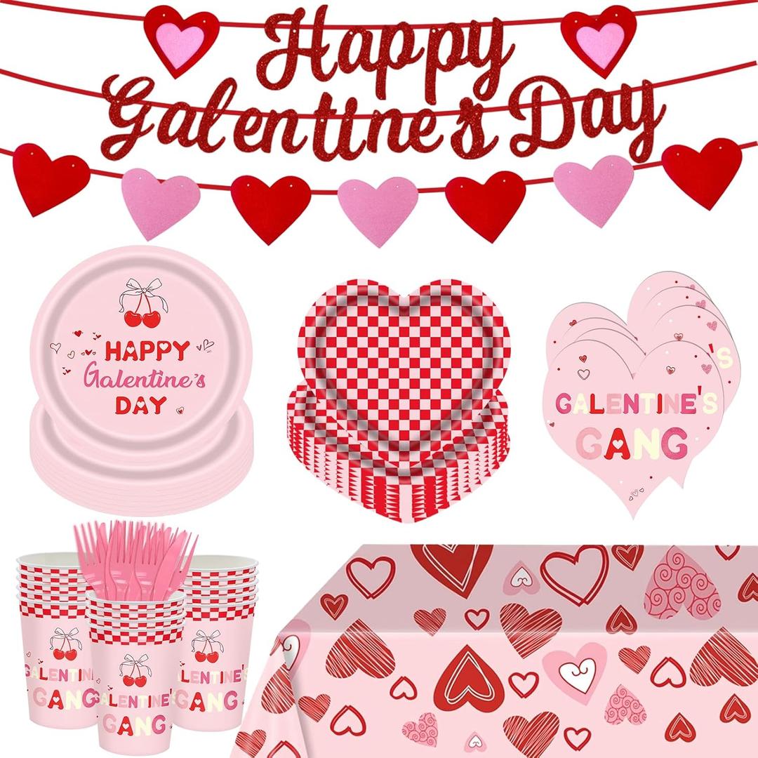 144 Pcs Galentine's Day Party Supplies Set Happy Galentine's Day Tableware Set for 20 Guests Include 9 Inch 7 Inch Pink and Red Plaid Plates Napkins Cups for Women Girls Celebration Party Decorations