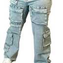 LKOUS Women's High Waist Cargo Jeans,Baggy Y2K Denim Pants with Multi Pockets, XXL