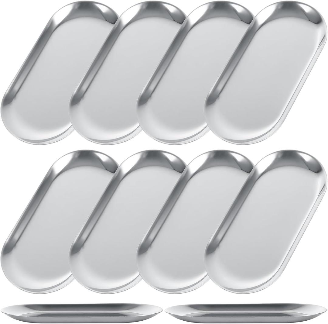 AKOLAFE 10PCS Stainless Steel Serving Tray Set Silver Platters for Serving Food Extra Small Metal Trays Decorative 7" Long Plate Oval Storage Tray Thickened Serving Dishes for Party Buffet Sushi Snack