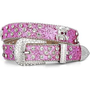 Rhinestone Belts for Women Men, Bling Studded Leather Skull Belt Western Style (Purple, M)