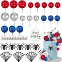 Morofme Spider Cake Topper Spider Web Cupcake Decorations Spiders Theme Cake Decor Glitter Happy Birthday Toppers Stars Red Silver Blue Balls Cupcake Topper for Boys Men Baby Shower Party Supplies