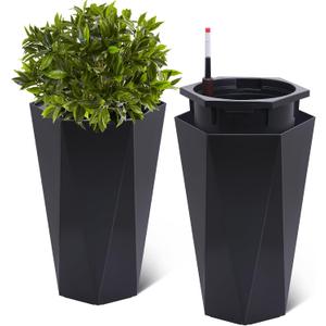 GarveeLife 22.5 in Tall Diamond Planters Set of 2, Self Watering Planters with Water Level Monitor, Flower Pots Outdoor and Indoor for Patio, Porch, Living Room, Home Office, Black