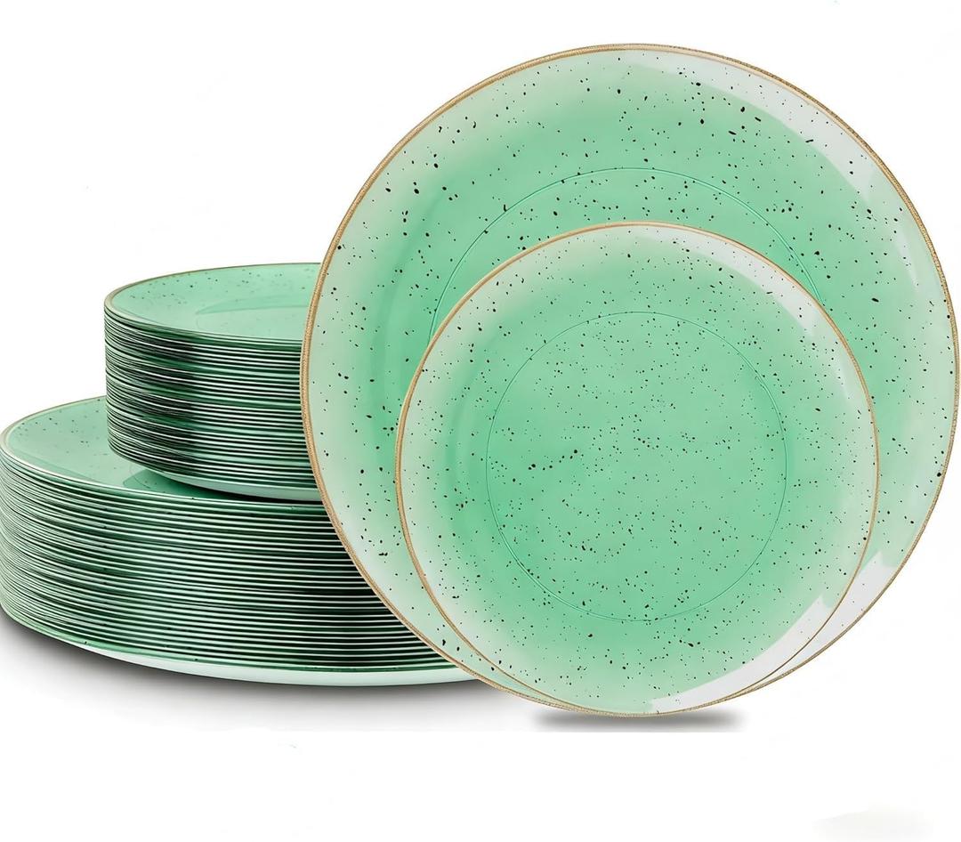 Liacere 32PCS Green Plastic Plates - Green Stone Plastic Disposable Tableware Plates Modern Dinnerware Set - Wedding & Warm Winter & Party & St. Patrick's Day & Easter Day