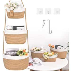 Hanging Storage Baskets, Over the Door Basket, Cotton Wall Baskets Storage, Hanging Door Basket with 4 Hooks (Jute&White)