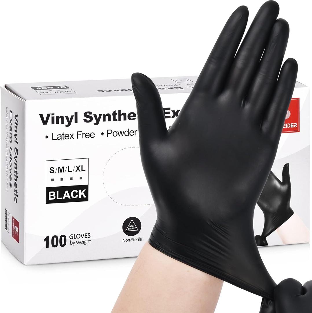 Schneider Vinyl Synthetic Exam Gloves, 4 Mil, Latex Free Disposable Gloves for Medical, Cooking, Cleaning, and Food Prep (02 Black(medium 100))