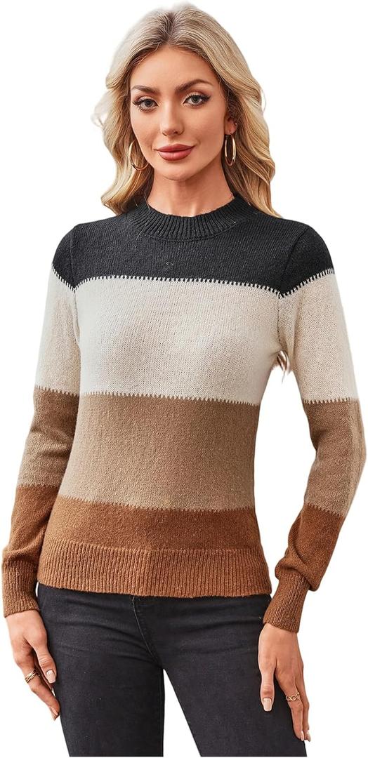 WDIRARA Women's Color Block Sweaters Long Sleeve Mock Neck Tops Loose Knitted Pullover Sweater
