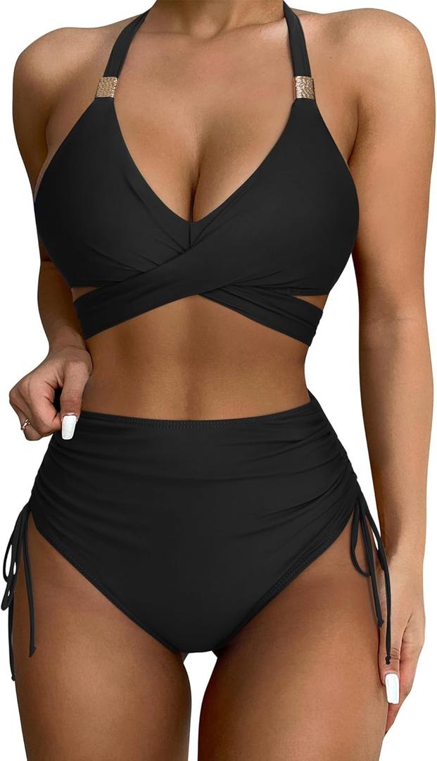 SUUKSESS Womens High Waisted Bikini Sets Tummy Control Drawstring Tie Knot Swimsuit (Small, Black)