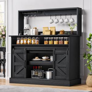 DWVO 47'' Buffet Cabinets with Upper Rack, Farmhouse Coffee Bar Cabinet with Power Outlet & Goblet Holder, Sideboard Cabinets with Sliding Barn Door for Kitchen, Living Room (Black Oak)