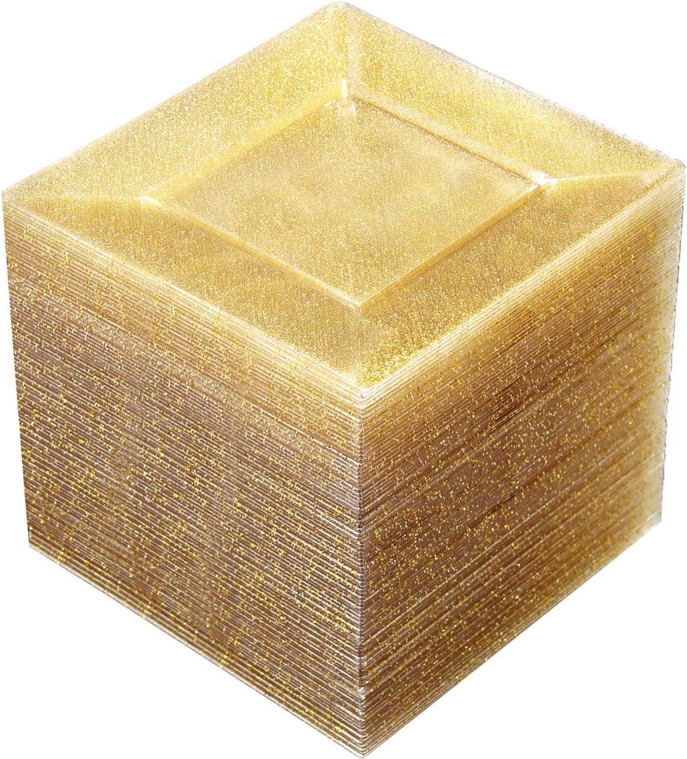 Liacere 100PCS Gold Square Plastic Plates - 6inch Gold Glitter Disposable Cake Plates- Premium Plastic Small Appetizer Perfect for Weddings & Parties