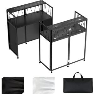 Portable DJ Table Stand, Tool-Free Setup Foldable 40" x 20" DJ Stand Booth w/ 2 Top Trays, Black & White Scrims, 4IN Adjustable Leveling Feet, 5 Cable Holes and Carry Bag, for Parties, Events, Studios, 40×20×45.8 inch