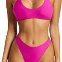 SUUKSESS Women High Waisted Thong Bikini Set Reversible String 2 Piece Swimsuit (Small, 56 Pink Color Block)