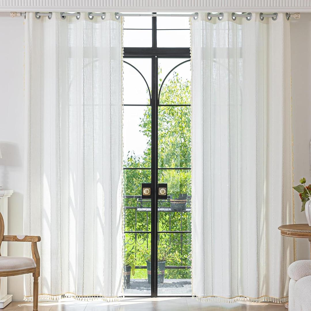 Deep Dream Grommet Semi-Sheer Boho Curtains 84 Inch Length 2 Panels for Living Room, Linen Blend Tassels Farmhouse Curtains with Embroidery for Bedroom (52" W x 84" L, 2 Panels, Off White)