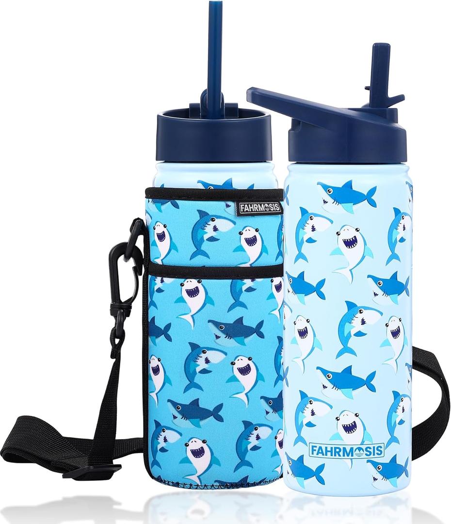 18 OZ Kids Water Bottle with Carrier Bag & Strap Leak Proof Metal Insulated Stainless Steel Tumbler with 2 Lids (Flip & Spout) for School & Sports Water Bottle with Straw - Blue (Shark)