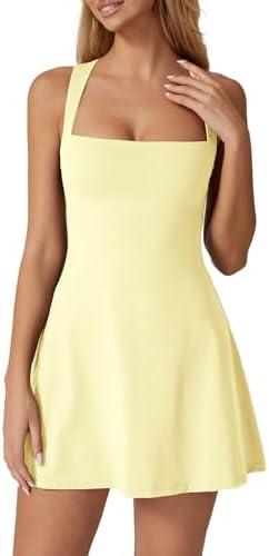 QINSEN Womens Square Neck Tennis Dress Sleeveless Built in Shorts Golf Athletic Dress with Pockets, Large