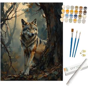 Wildlife Paint by Numbers Kit for Adults - DIY Lone Wolf in Forest Painting on Rolled Canvas 16x20 Inches, Acrylic Paint Set, Suitable for Beginners, Art for Home Decoration or Gifts