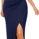 OWIN Women's Elegant V Neck Wrap Bodycon Maxi Dress Spaghetti Strap Ruched Side Slit Formal Wedding Guest Evening Dress (Blue, S)