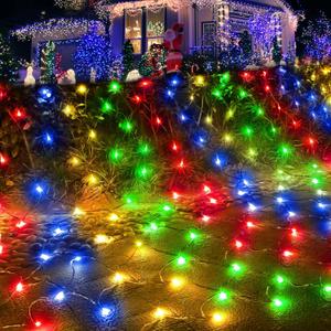 Pooqla Christmas Net Lights, 300LED Outdoor Mesh Light 14.8x4.9 ft Fairy String Mesh Light 8 Modes Green Wire, Connectable Waterproof for Bushes Tree Garden Halloween, Colorful