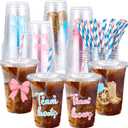 Jingmore 50 Set Gender Reveal Decorations Pink and Blue Cups with Lid and Straw Disposable Gender Reveal Party Favors for Guest Baby Shower(Boots or Bows)