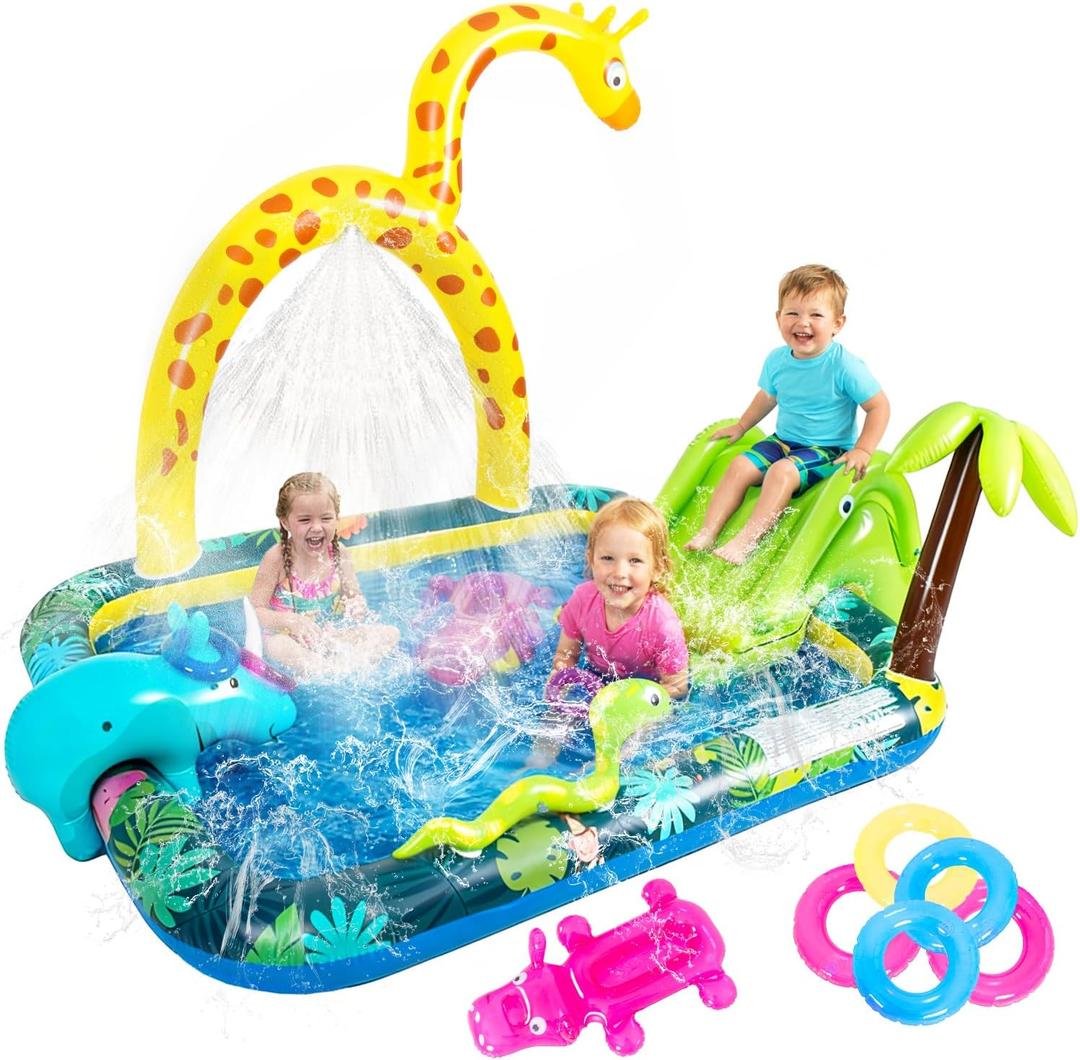 Inflatable Jungle Animal Play Center, Inflatable Water Park Kiddie Pool with Slide, Water Sprayer for Summer Outdoor Splash, Backyard and Garden 102.5" x75" x 54.5"