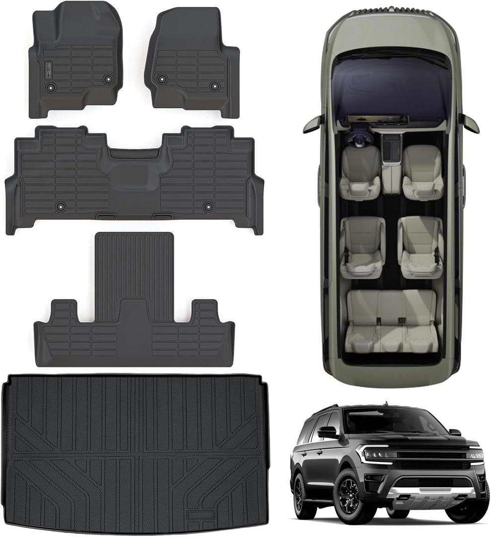 Floor Mats & Trunk mat for 2018-2023 2024 Ford Expedition MAX (Only Fit MAX 7 Seats) (2 Row Bucket Seat),TPE All Weather Protection 3 Rows Car Floor Liners with Cargo Liner Accessories