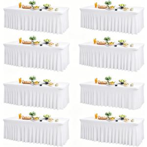 Wish Care 8 Pack White Spandex Table Clothes for 6 Foot Rectangle Tables, 6FT Wrinkle Free Fitted Tablecloths Ruffles Design Table Cloth for Party, Banquet, Wedding and Events