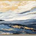 Large Blue and Gold Mountain Wall Art for Living Room, Framed Blue Abstract Painting for Bedroom,Modern Landscape Office Wall Decor Ready to Hang 24x48 Inches, 24x48inches x1