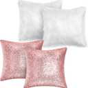 Irenare 4 Pcs Sequin and Fluffy Pillow Covers Winter Throw Pillow Cases Soft Cushion Cover for Couch Bed Sofa Xmas Day(18 x 18 Inch,Pink, White)