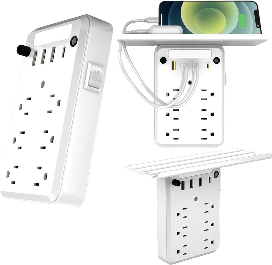 Preliminark Wall Outlet Extender with Shelf Night, Outlet Extended with Surge Protector and Shelf 6 Ac Outlets, 3 USB & 1 USB C Charging Ports, for Home Office