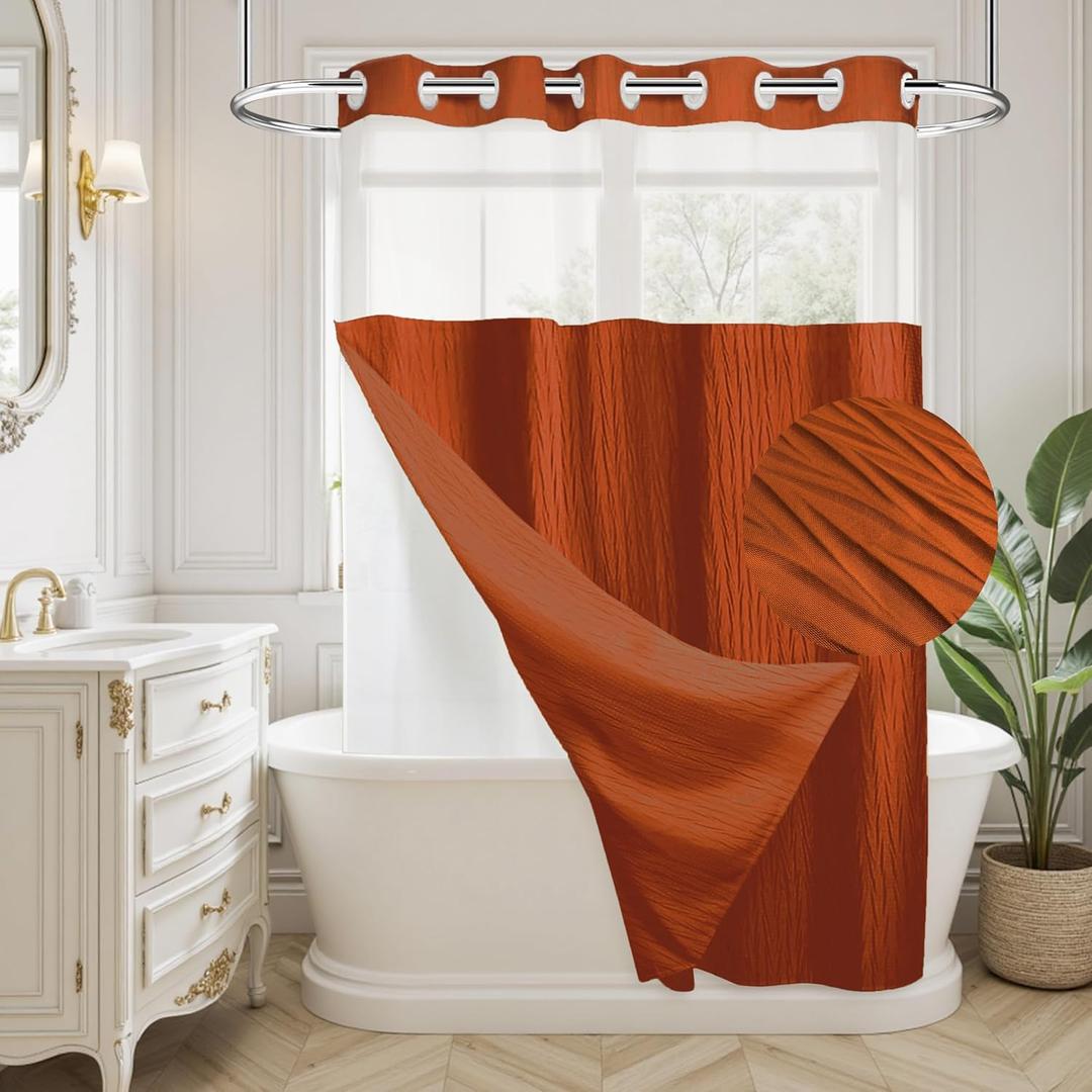 Burnt Orange Ruffle Shower Curtain with Crumpled Texture & Snap-in Liner - No Hooks Required Bathroom Luxury Decor, 72"x72" Waterproof Fabric with Privacy Top Window