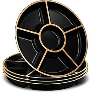PLASTICPRO 6 Sectional Round Plastic Serving Tray/ Platters Black & Gold Pack of 2 